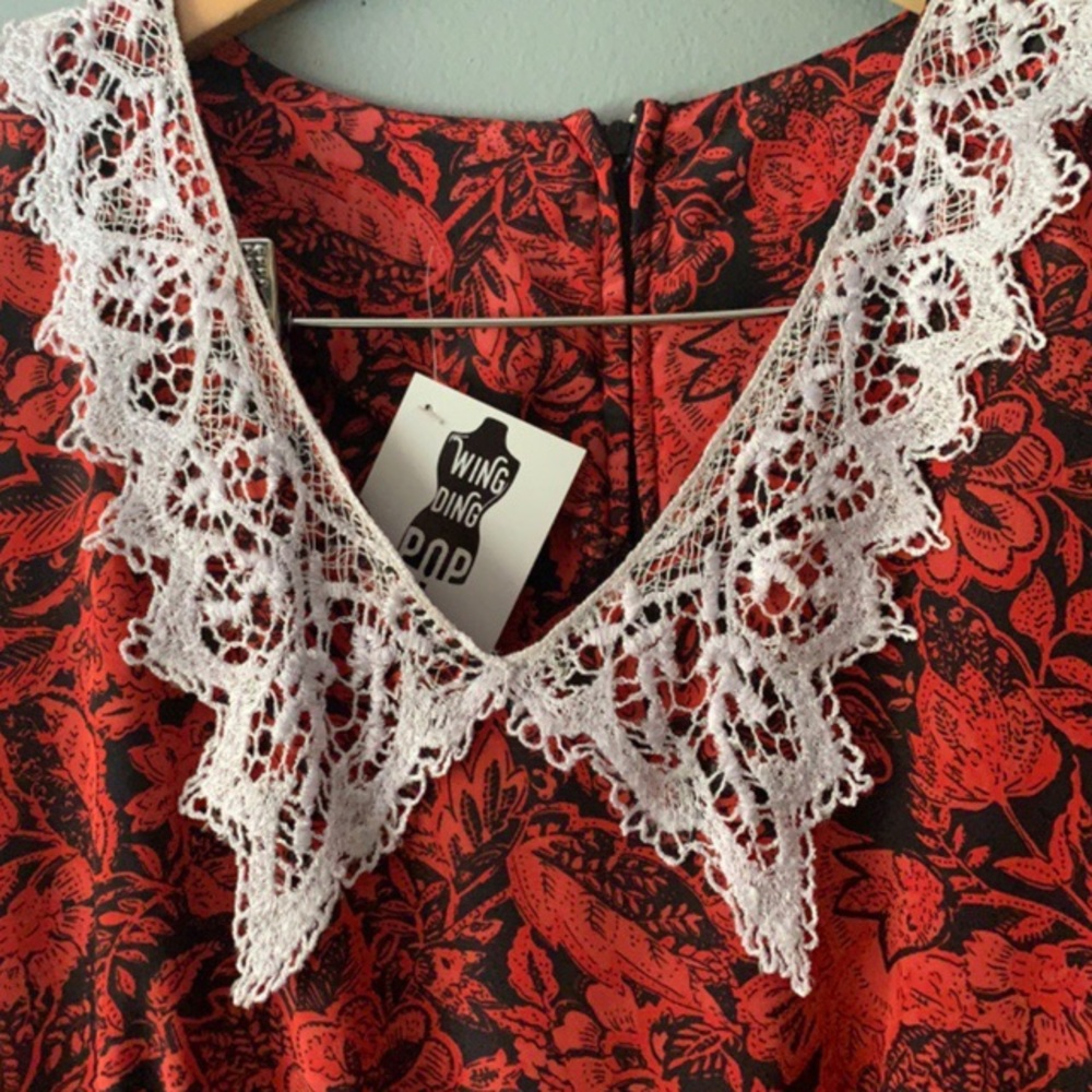 Vintage Red Dress Black Flora Design and Lace - Picture 2 of 6